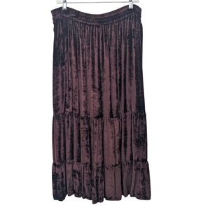 Y2K Velvet Tiered Maxi Skirt Large Brown Forest Fairy Goblincore Elastic Waist